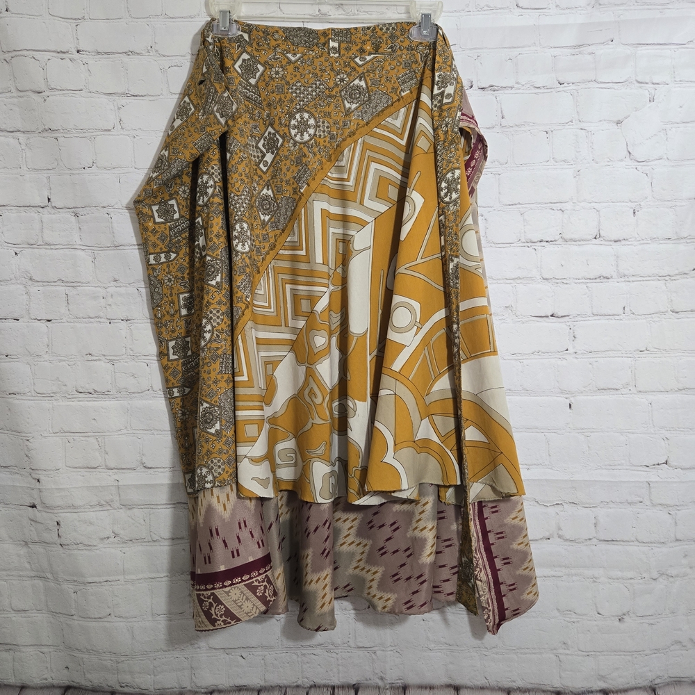 Vintage Silk Sari Magic Wrap Skirt Bohemian Patchwork 70s Magic Wrap One Size